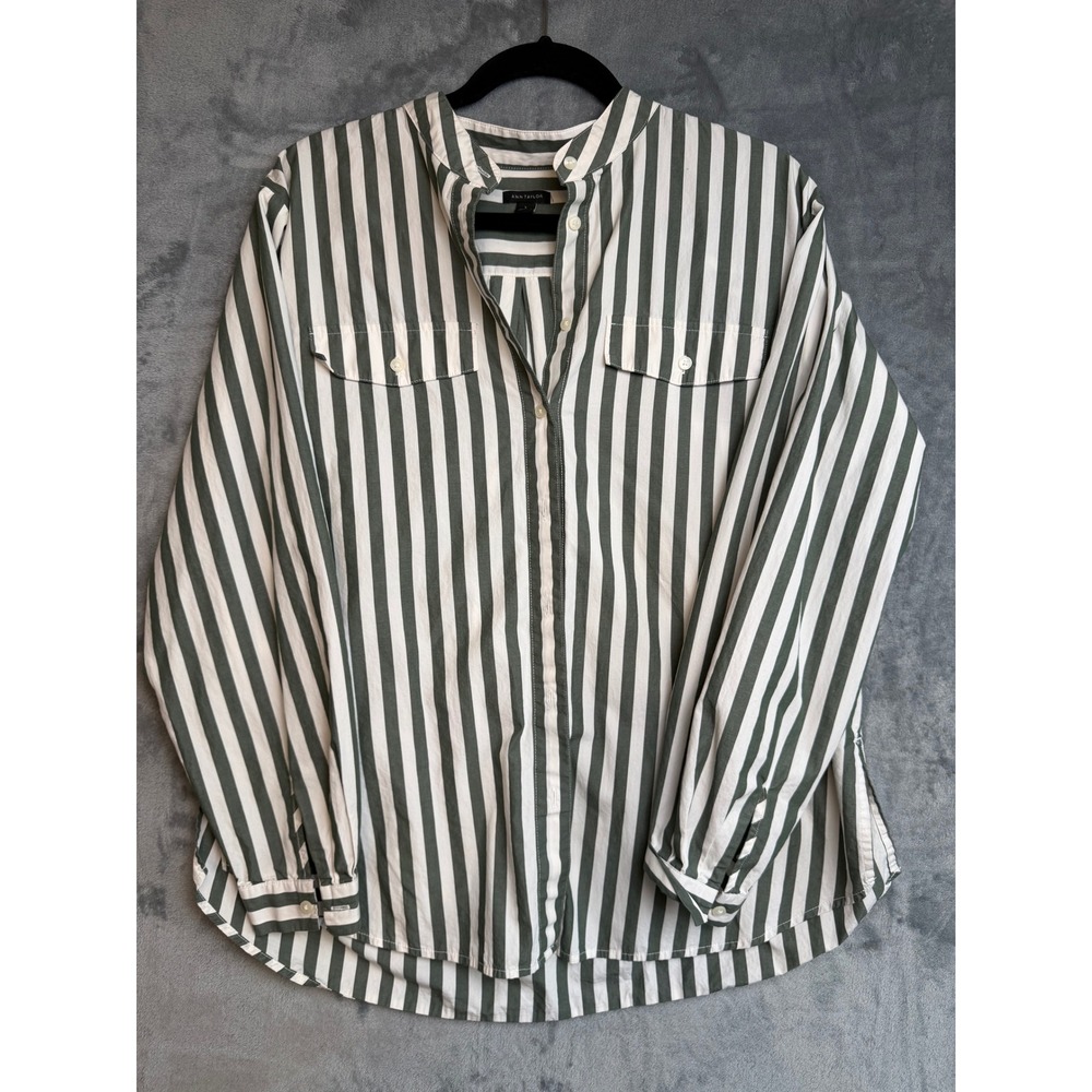 Ann Taylor Green and White Striped Long Sleeve Button Down Shirt Size L